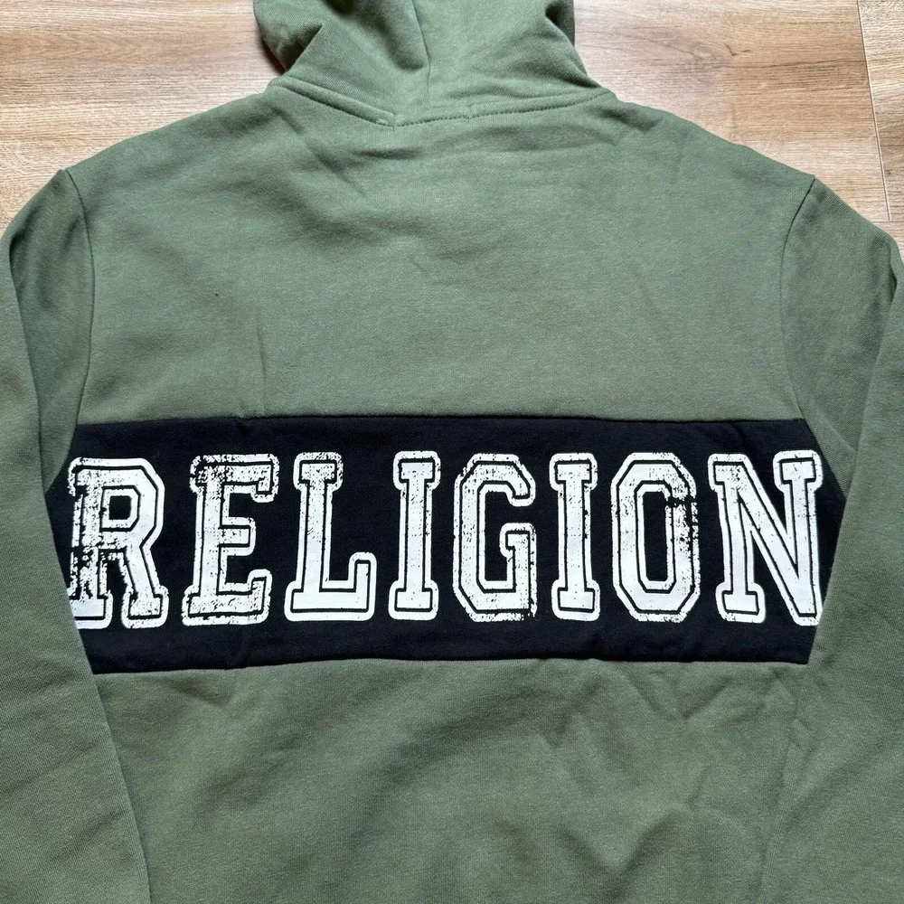 True‎ Religion Pullover Hoodie Mens Large Bronze Green Contrast Panel 700022 New